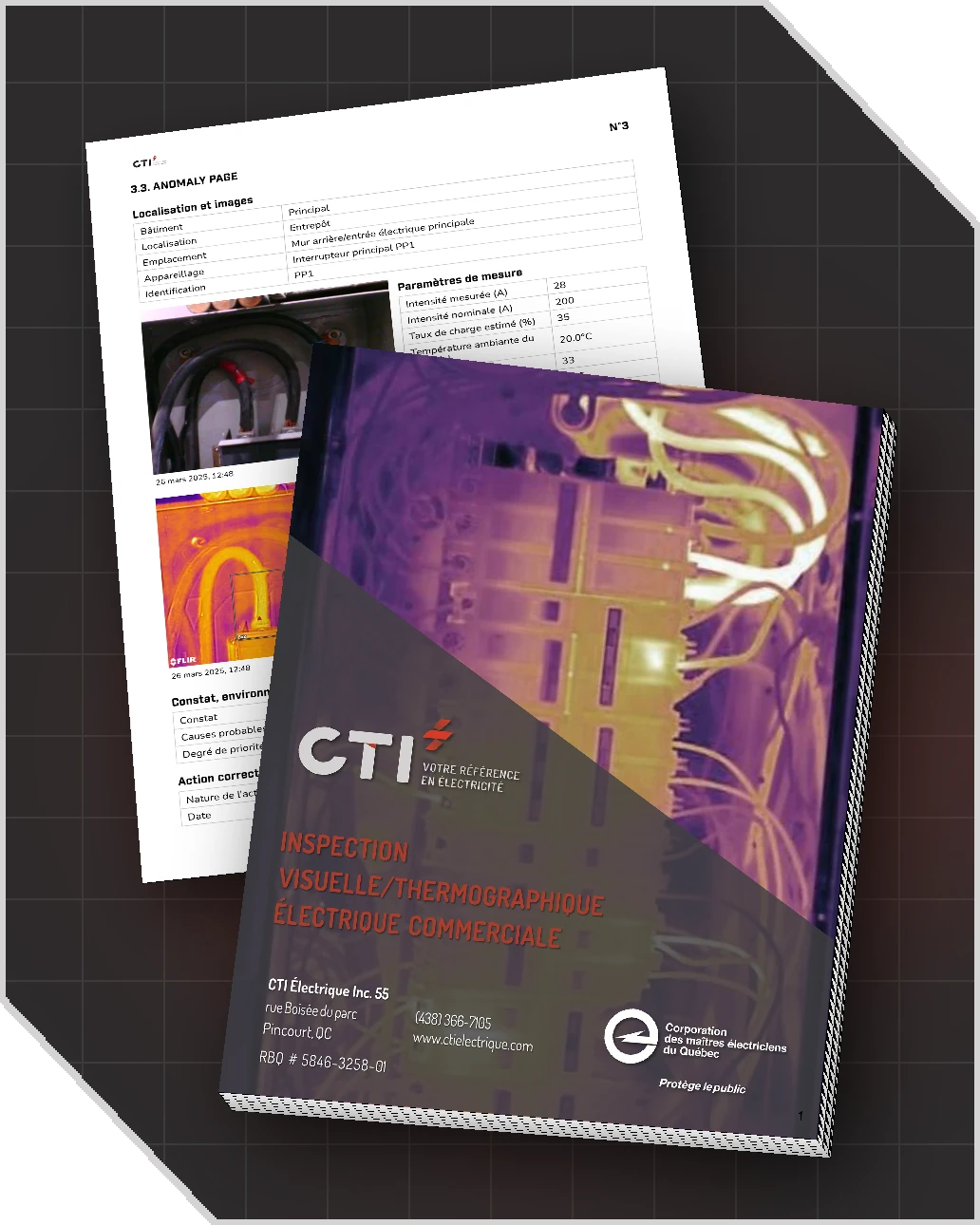 Rapport d'inspection thermographique de CTI Électrique : page couverture et fiche d'anomalie avec image thermique
